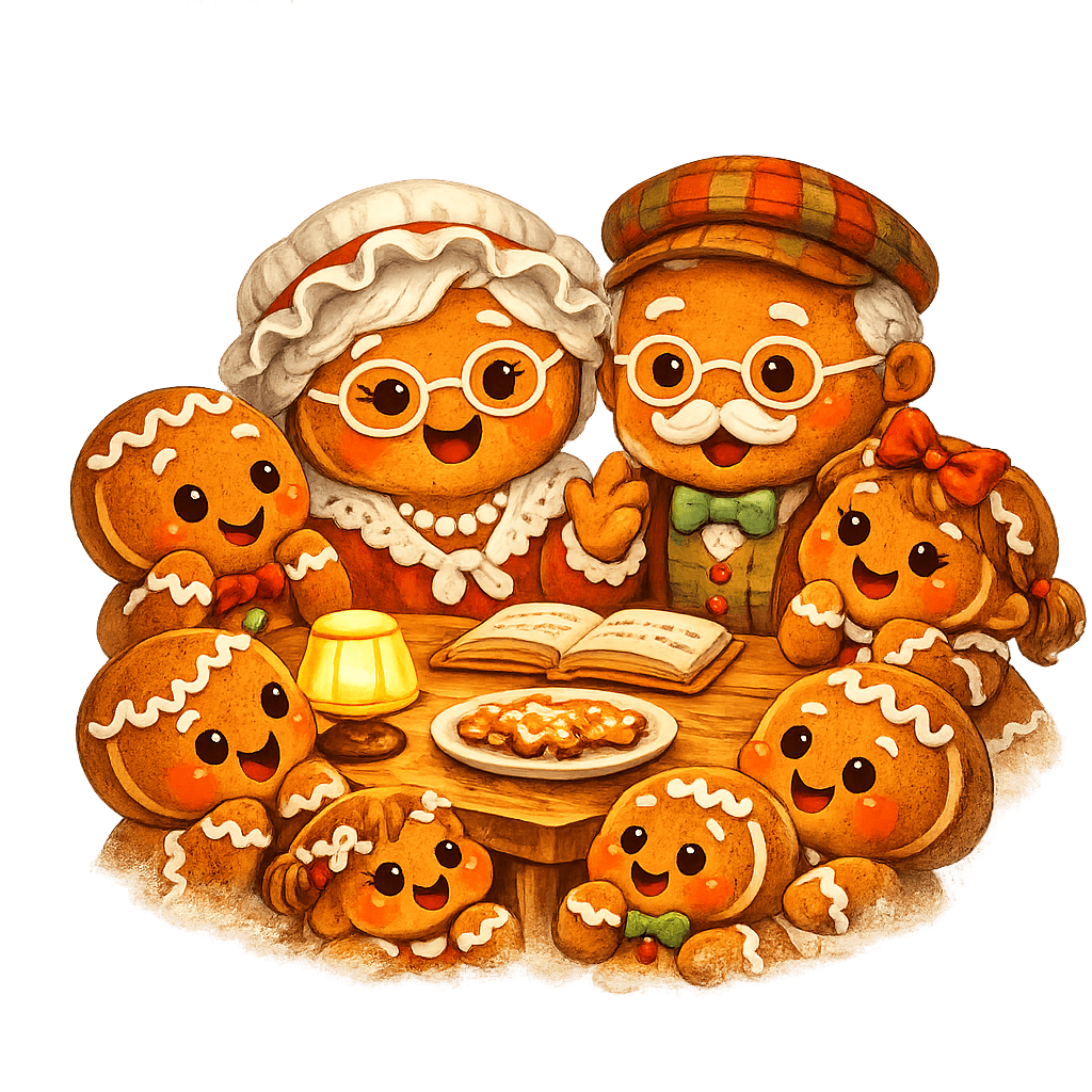 Gingerbread family gathered around a table sharing stories