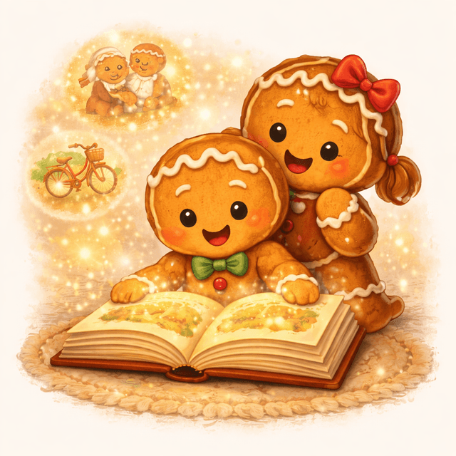 Gingerbread child discovering grandma's stories in a glowing book